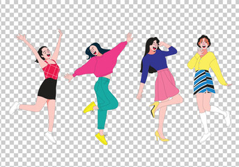 expressive women with joyful faces in fun poses, wearing stylish outfits in flat or lowbrow style. Transparent background makes it perfect for modern design, lifestyle, and character art.
