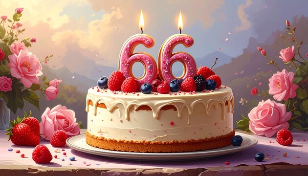 66 years. Birthday Anniversary Sweet Cake. An anniversary greeting card or banner
