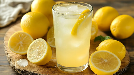Invigorating lemon refreshment: A cool drink with fresh citrus fruit display