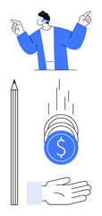 Man pointing upwards, pencil, falling coins with dollar sign, and open hand. Ideal for creativity, business, finance, innovation, investment economic education simple landing page