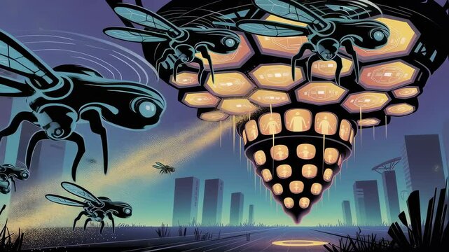Advanced drone swarm hovering near luminous extraterrestrial hive structure within sleek urban environment during twilight, showcasing technological innovation and mysterious digital landscape