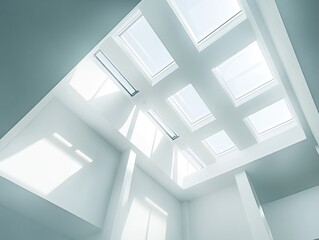 Obraz premium Modern architecture featuring a grid of skylights illuminating a minimalist white interior, casting soft shadows on the walls