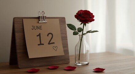 June 12th calendar with a single red rose in a vase and some scattered petals on a wooden surface.