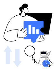 Man assembling data chart, robot holding magnifier and dollar clock, arrows showing changes. Ideal for data analysis, teamwork, technology integration, AI innovation, decision making, finance trends