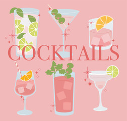 Set of cute girly cocktails illustration. Coquette pink drinks vector.