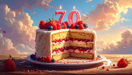 70 years. Birthday Anniversary Sweet Cake. An anniversary greeting card or banner