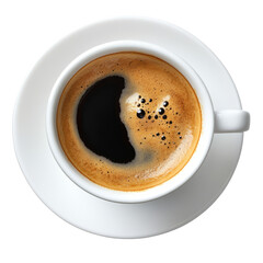 Aromatic Coffee Cup, A Simple Caffeine Break. Top View Of white Coffee In A White Cup With Saucer On A white Background