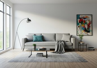 Modern Living Room Photo with Gray Sofa Abstract Art and Natural Light