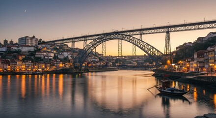 Fototapeta premium Photo Of Iconic Arch Bridge Over Douro River In Porto Portugal At Dusk