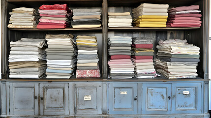 Vintage linen storage solution displaying a variety of colorful textiles