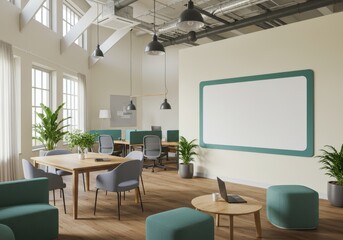 Modern Office Interior Featuring Furniture Plants and Whiteboard Photo