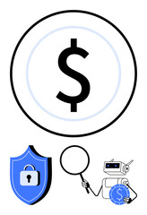 Dollar sign in central focus, shield lock symbolizing cybersecurity, magnifying glass for scrutiny, and AI robot holding coin. Ideal for finance, technology, security, analysis, innovation savings