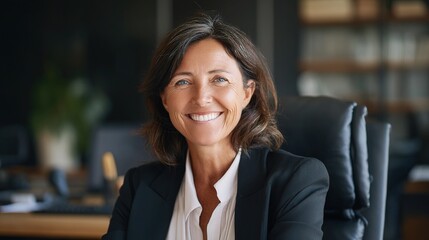 Fototapeta premium Mature Female Professional in Formal Suit Smiling in Office Setting
