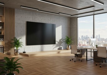 Modern Office Interior Photo with Large Window Bright Light Wooden Floor and Empty Space
