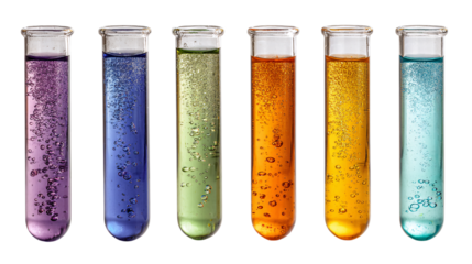 Six colorful test tubes with bubbles isolated on transparent background