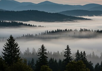 Fototapeta premium Photo Of Misty Mountain Forest Landscape At Dawn With Trees and Fog