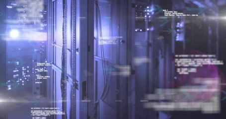 Powering server rack glowing blue-purple, code sliding and arrows drifting, pulsing data flow - Powered by Adobe
