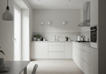 Modern White Kitchen Interior Design With Bright Natural Light and Minimalist Furniture Photo