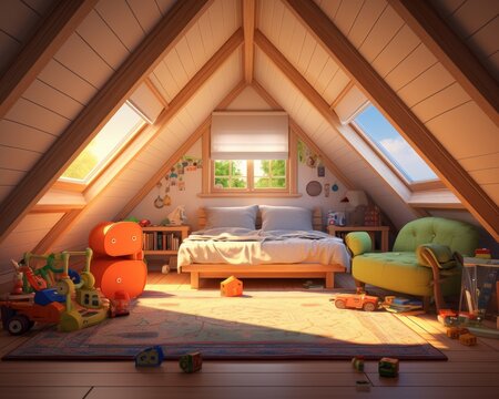 Mansarda soleggiata, camera da letto per bambini