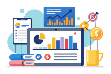 Business person interacting with a futuristic digital marketing interface, showcasing online advertising analytics, data charts, email marketing, and campaign performance metrics on a virtual screen. 