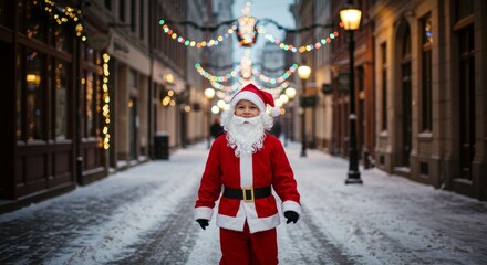 Photo Of Smiling Child In Santa Claus Costume Walking Snowy Street With Christmas Lights