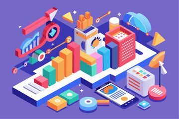 Business person interacting with a futuristic digital marketing interface, showcasing online advertising analytics, data charts, email marketing, and campaign performance metrics on a virtual screen. 