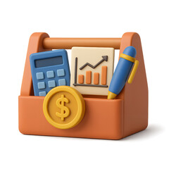 3D render of toolbox with calculator, graph, pen and coin, concept for financial planning, business tools and financial growth