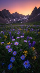 Fototapeta premium Photo Of Vibrant Wildflower Meadow With Mountains During Sunset