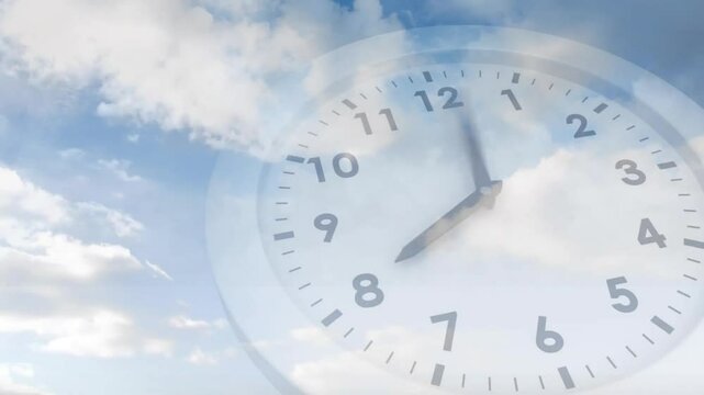 Opening transparent clock overlay on cloudy sky initiating hands moving clockwise showing time flow