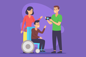 Cheerful family interacting happily, with one person using wheelchair. Laughter filling atmosphere as they engaging in cheerful conversation and taking pictures together