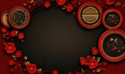 Cornice circolare con elementi decorativi rossi e neri