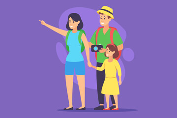 Cheerful family enjoying their time together, with one parent pointing towards attraction. People dressed comfortably for day trip while holding hands with their child, creating happy memories