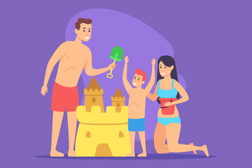 Family spending sunny day at beach, building sandcastle. Father holding shovel while excited child raising his arms, and mother kneeling beside them