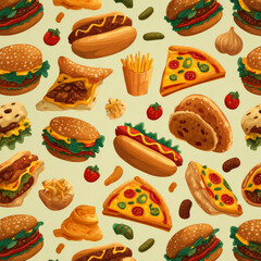 Seamless pattern of burgers, pizzas, hot dogs, and fries creates vibrant and appetizing design