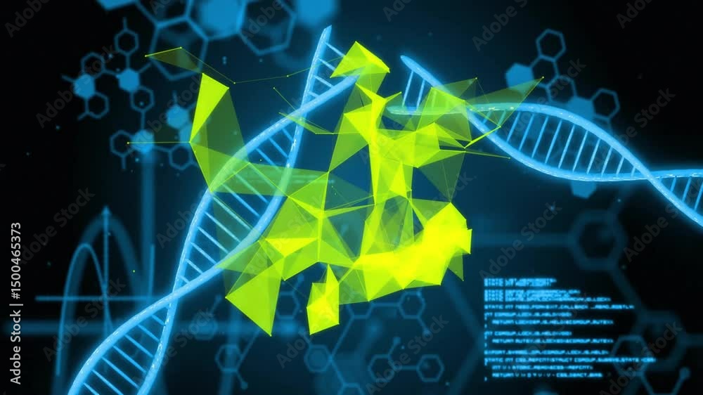 Poster neon cube spawning facets unfolding into network shifting over dna helix visualizing data fading