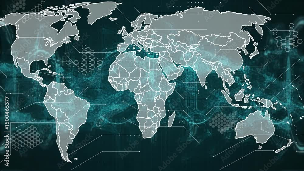 Poster starting black canvas, map tracing white filling grey, teal grid pulsing hex nodes visualizing data