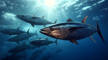 Fototapeta premium Oceanic Symphony: A dynamic school of tuna gracefully navigates the depths, their sleek bodies reflecting the sunlit surface, creating a vibrant underwater spectacle.