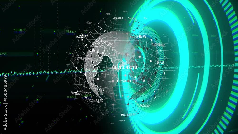Poster at start globe rotating and revealing codes while waveform pulsing rings in sync visualizing data