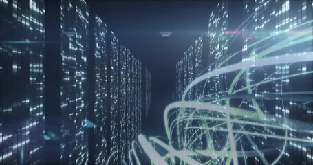On camera advancing, green light ribbons swirling through 3D server corridor visualizing data flow - Powered by Adobe