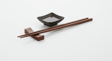 Pixelated Wooden Chopsticks with Soy Sauce Dish on White Background Photo