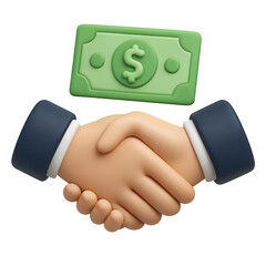 3D cartoon hands in a handshake with a green money bill above, concept for financial deals and business partnerships