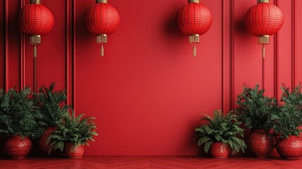 Sfondo rosso con lanterne e piante per il Capodanno Cinese
