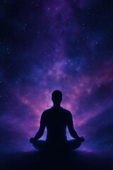 Silhouette of person meditating peacefully under starry purple night sky with cosmic clouds
