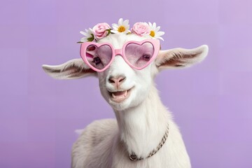 A white goat wearing heart shaped glasses and floral crown smiling cute