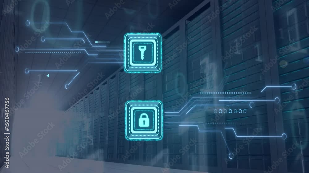 Poster showing data hall activating hologram key and lock extending circuits pulsing binary for encryption