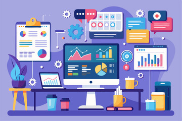 Business person interacting with a futuristic digital marketing interface, showcasing online advertising analytics, data charts, email marketing, and campaign performance metrics on a virtual screen. 