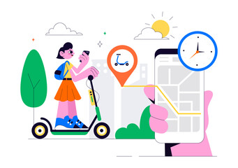 Electric Scooter Rental Service Vector Illustration featuring Transportation You Can Rent for a Quick and Eco Friendly Ride in a Flat Style Background