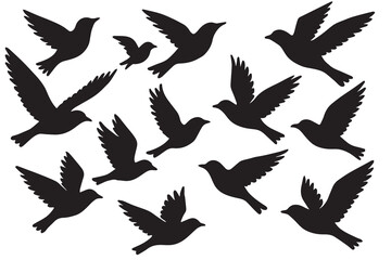 A flock of birds in flight is drawn as black silhouettes in this vector, spreading across the sky with elegance and dynamic energy.

