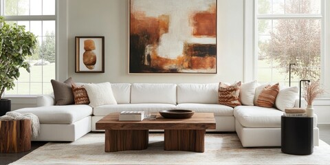 Fototapeta premium Modern living room with a sectional sofa, large abstract art, and natural elements