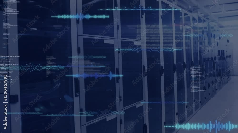 Poster on server rack view shimmering waveforms drifting, layering, flashing code, mapping network paths